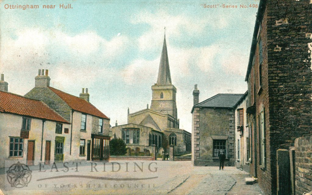 St Wilfrid’s Church from north east with village street, Ottringham 1906