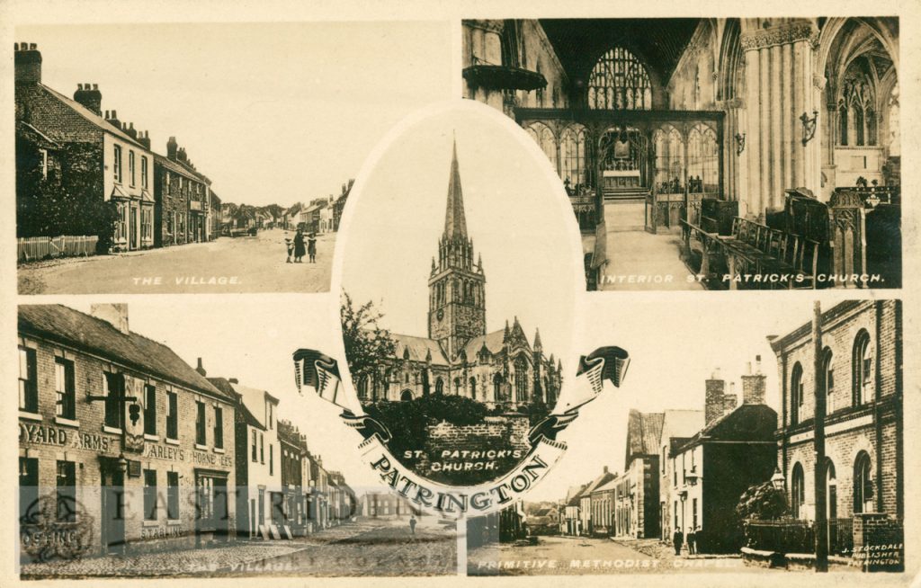 5 small scenes – St Patrick’s Church exterior and interior,  Hildyard Arms and village, the village, Primitive Methodist Chapel and village, Patrington 1900