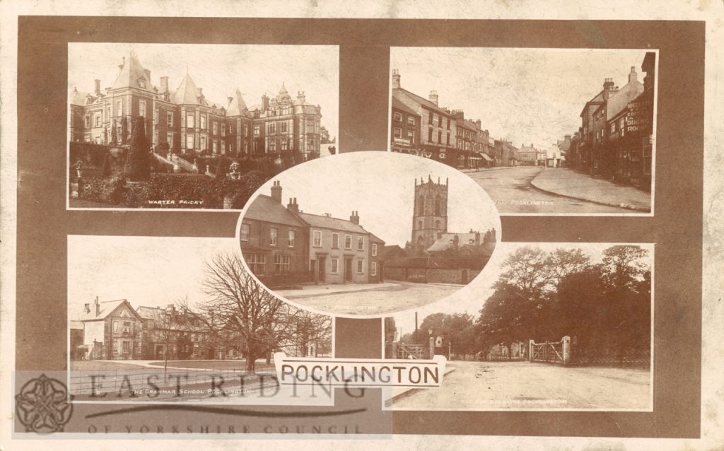 5 small views – Water Priory, Market Place from south, Market Place and Church from south east, Pocklington School, Railway Street level crossing from north east, Pocklington 1900