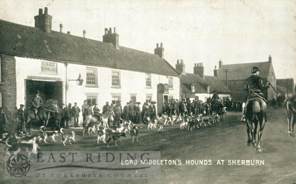 village street and Middleton Hunt, with Pigeon Pie Inn, from south west, Sherburn 1900