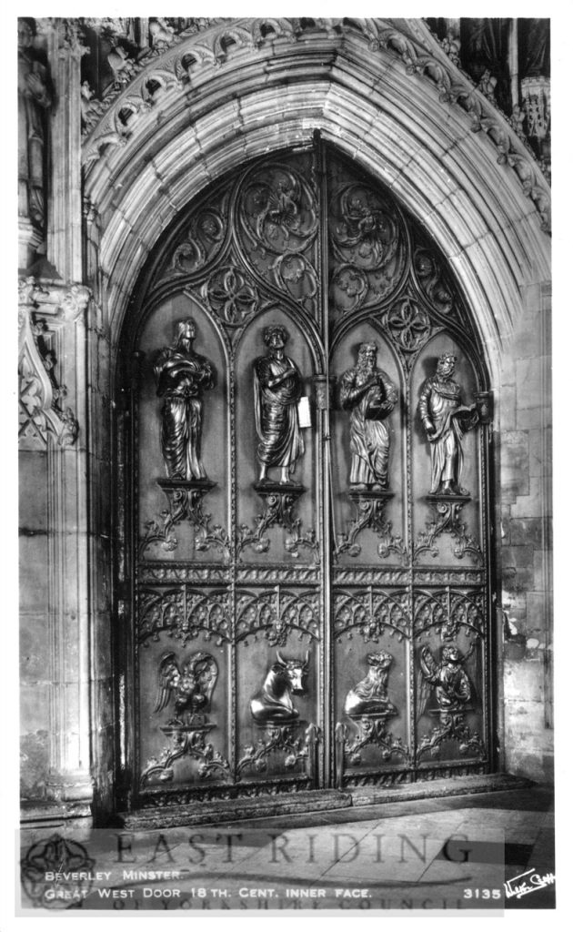 Beverley Minster interior, 18th century inner face of great west door, Beverley c.1900s