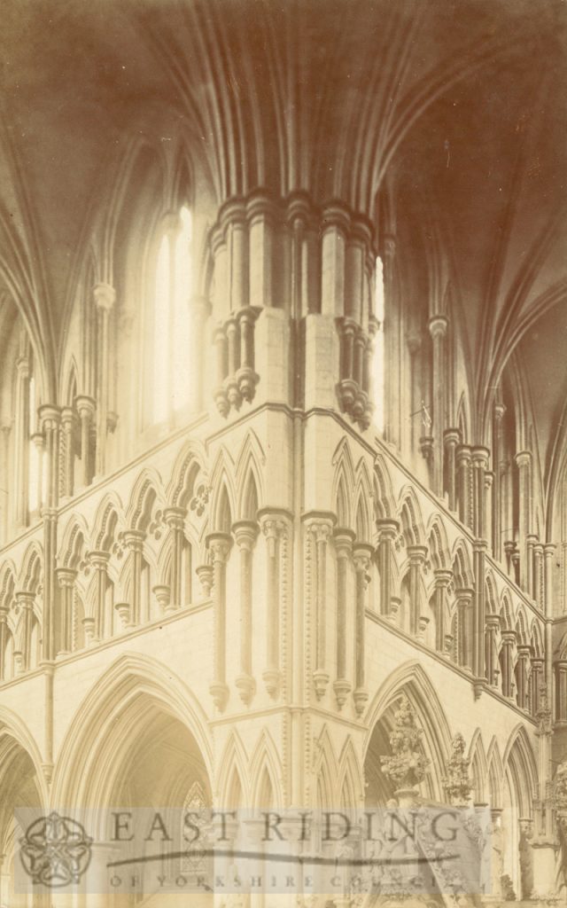 Beverley Minster interior, south west pier of north east transept, with triforium, Beverley c.1900s