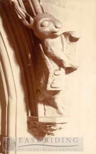 St Mary’s Church interior, rabbit carving on label stop east side of Sacristy door, Beverley c.1900s