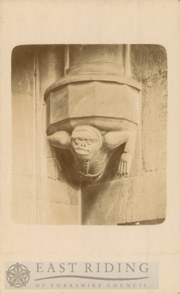 St Mary’s Church interior, label stop, east wall of chancel, Beverley c.1900s