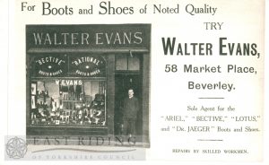 Advertisement for Walter Evans’ shop, Market Place, Beverley 1900s
