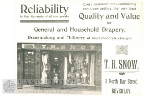 Advertisement for T R Snow’s shop, North Bar Within, Beverley 1900s