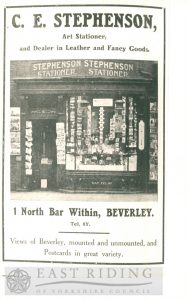 Advertisement for C E Stephenson’s shop, North Bar Within, Beverley 1900s