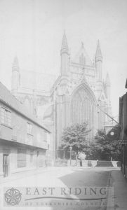 Beverley Minster, east end from south west, with corner of Flemingate, Beverley 1900s
