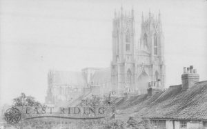 Beverley Minster, from north west, roofs of Minster Moorgate in foreground, Beverley 1900s