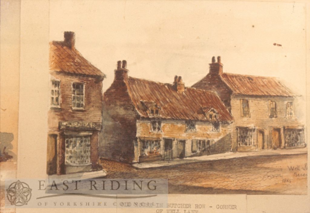 Drawing of old house in Butcher Row, corner of Well Lane, Beverley 1865