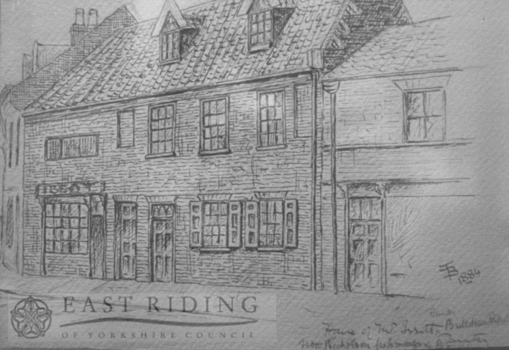 Drawing of Butcher Row, north side, shop of J Issott, Beverley 1884