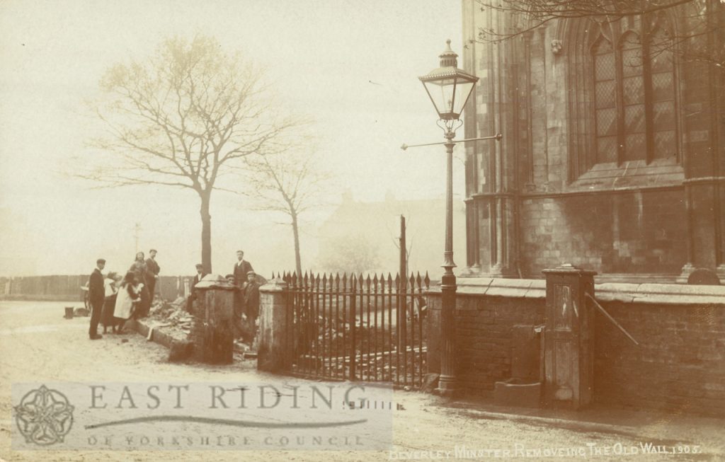 Beverley Minster, removal of churchyard wall near east end of south choir aisle, Beverley 1905