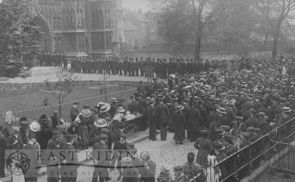 Beverley Minster from north west, with scene at memorial service for Edward VII, Beverley 1910