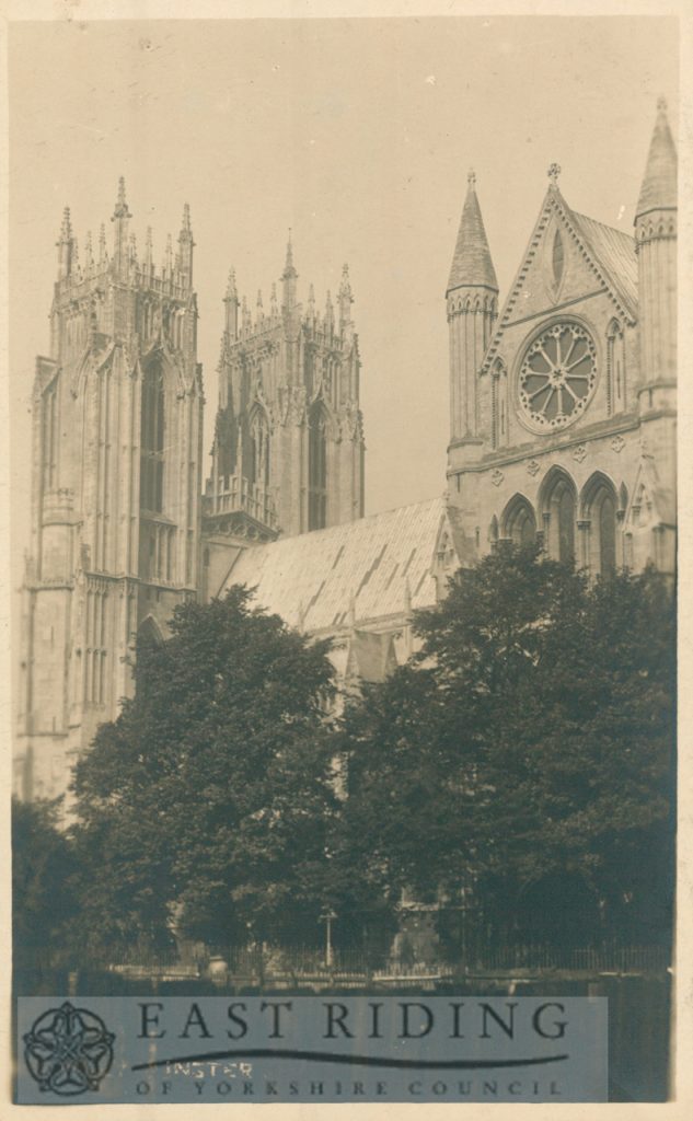 Beverley Minster, west towers from south east, with upper part of south transept, Beverley 1920s