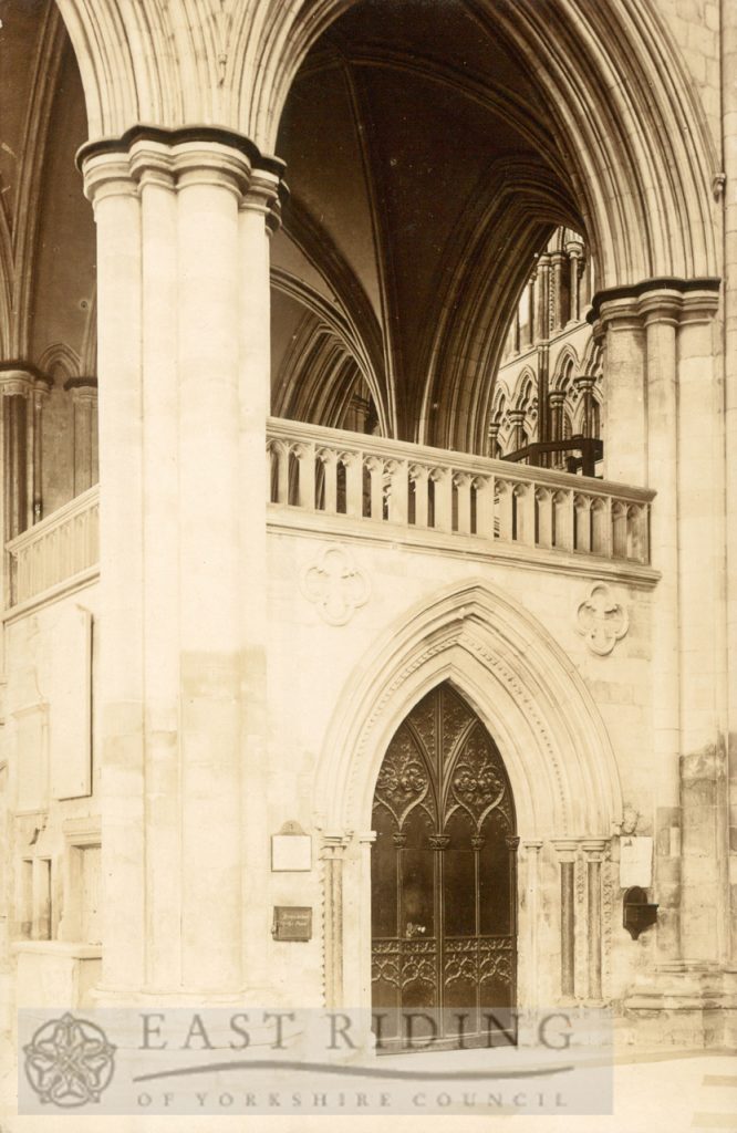 Beverley Minster interior, choir north aisle entrance, Beverley 1900s