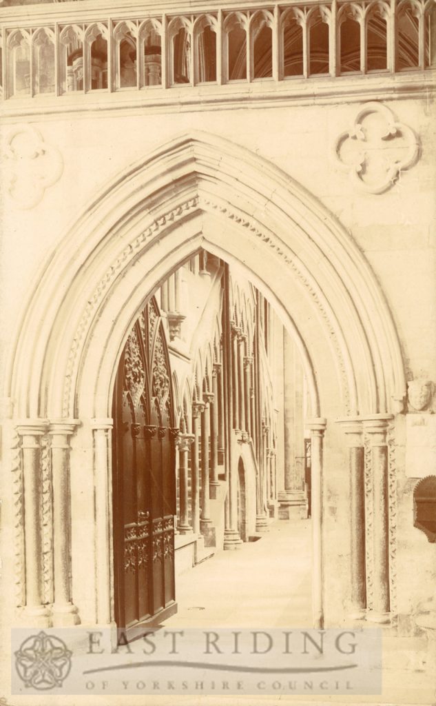 Beverley Minster interior, choir north aisle entrance from west, Beverley 1900s
