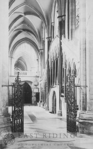 Beverley Minster interior, choir north aisle from east, Beverley 1900s