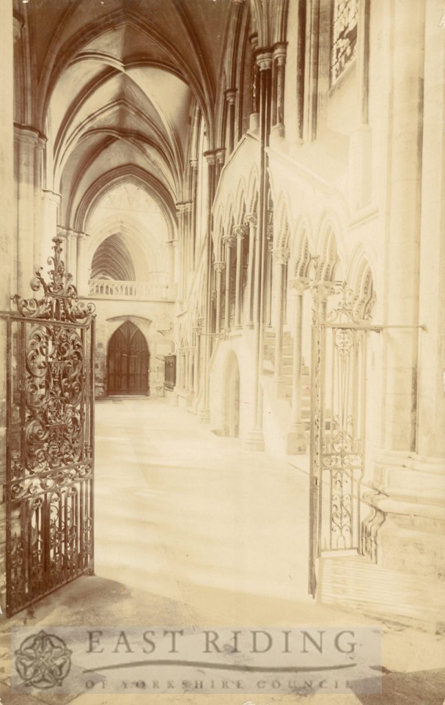 Beverley Minster interior, choir north aisle from east, Beverley 1900s