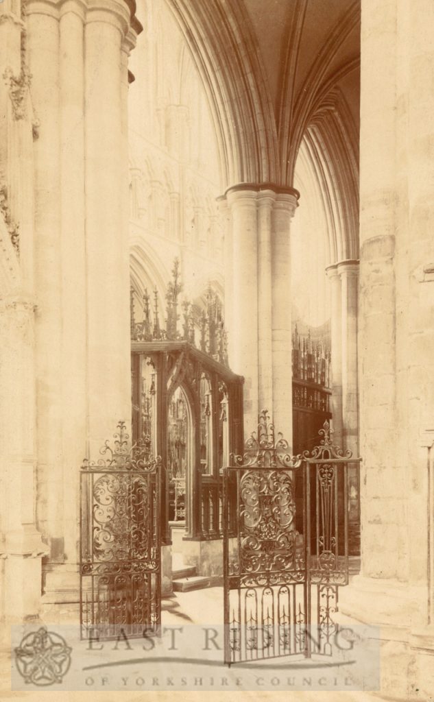 Beverley Minster interior, choir north aisle, east end from north east, Beverley 1900s