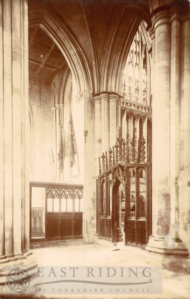 Beverley Minster interior, choir north aisle, east end from north west, Beverley 1900s
