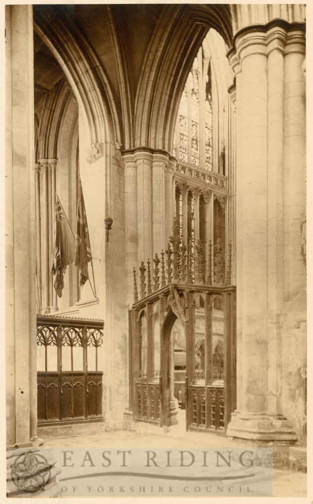 Beverley Minster interior, choir north aisle with part of retro-choir and east window, Beverley 1900s
