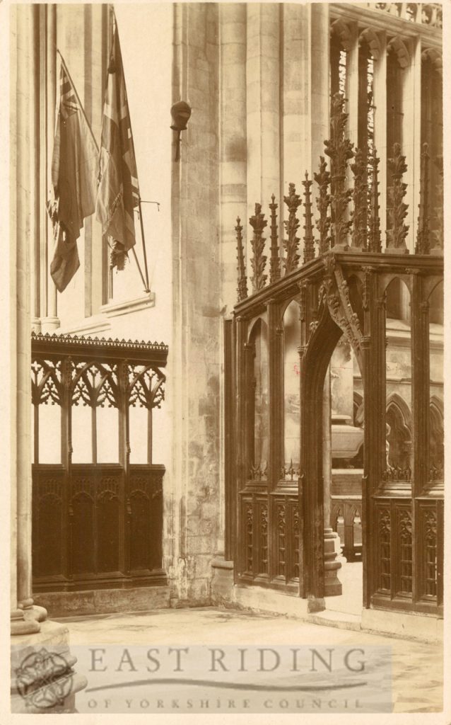 Beverley Minster interior, Percy Chapel and north choir screens from north west, Beverley 1900s