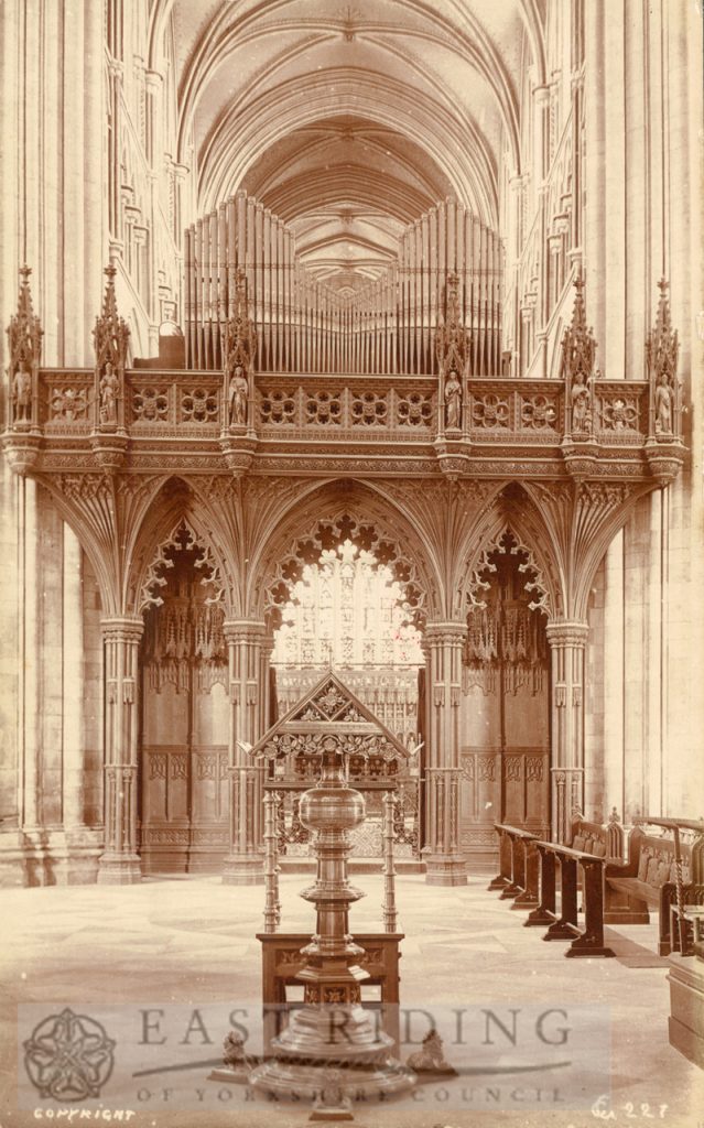 Beverley Minster interior, organ screen from west, Beverley 1900s