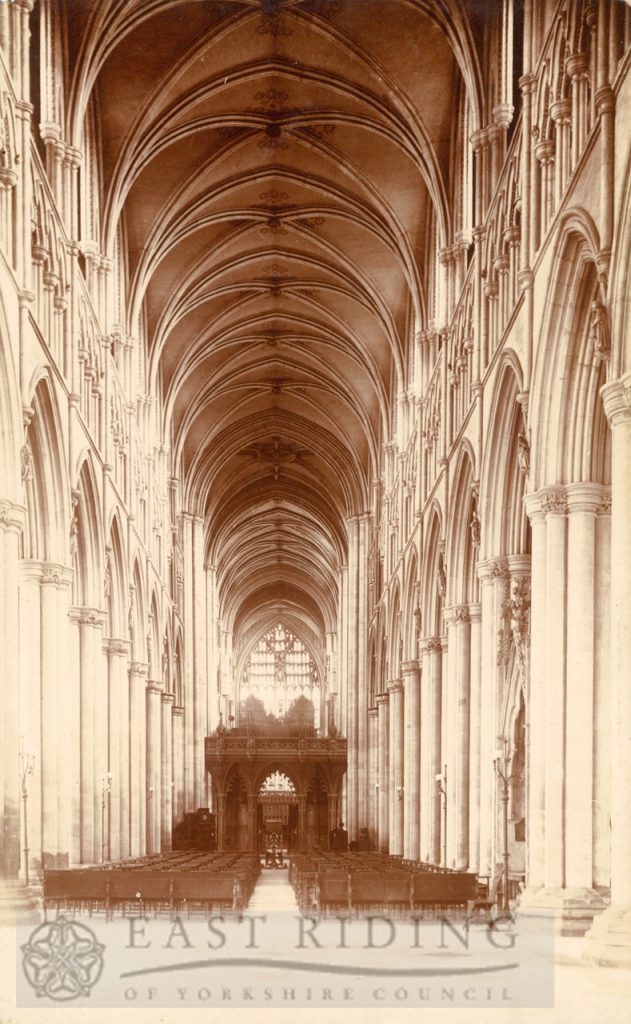 Beverley Minster interior, nave from west, Beverley 1900s