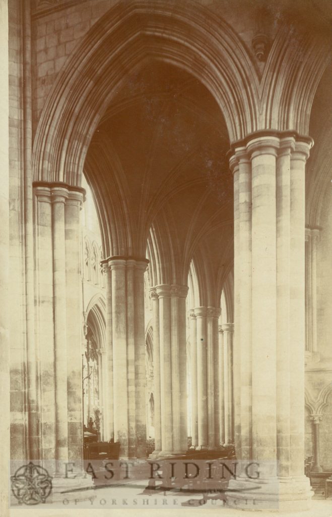 Beverley Minster interior, nave viewed from south west area of north transept, Beverley 1900s