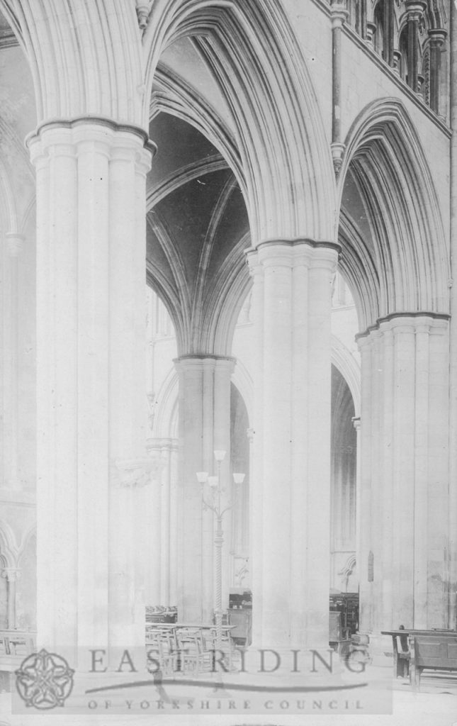 Beverley Minster interior, nave viewed from north east area of south transept, Beverley 1900s