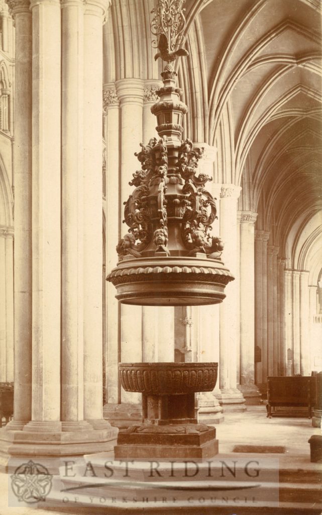 Beverley Minster interior, font and font cover from south west, Beverley 1900s