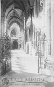 Beverley Minster interior, choir north aisle from east, Beverley 1910