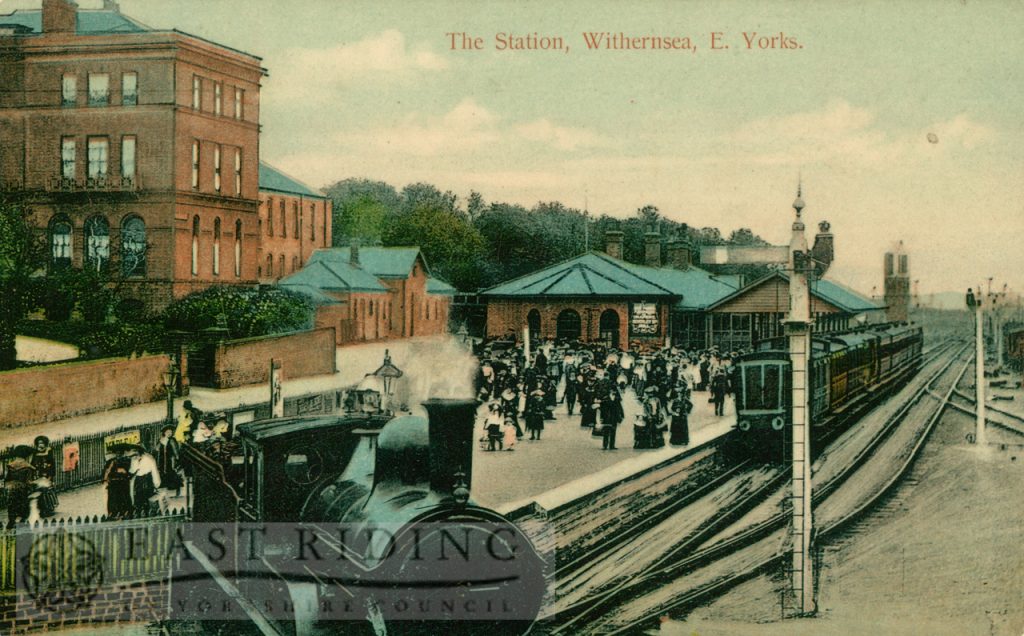 Railway Station from north, former Queens Hotel in background, Withernsea 1911