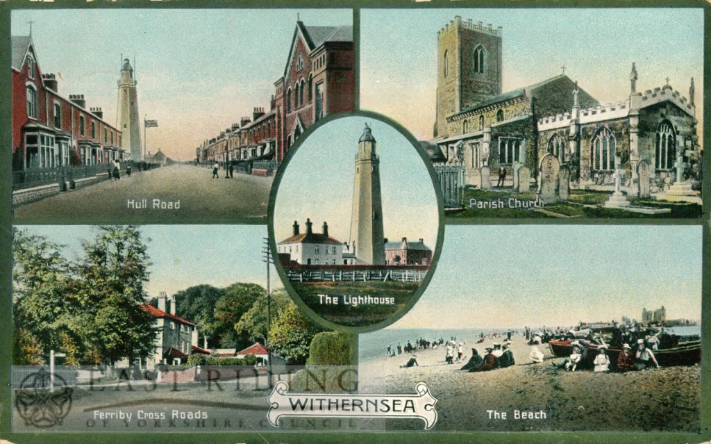 5 small scenes – Hull Road, Lighthouse, St Nicholas Church from south east, Ferriby Cross Roads, the beach, Withernsea 1916