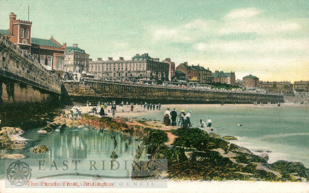 Princes Parade taken from the beach, with Town Hall, Bridlington 1900s, tinted
