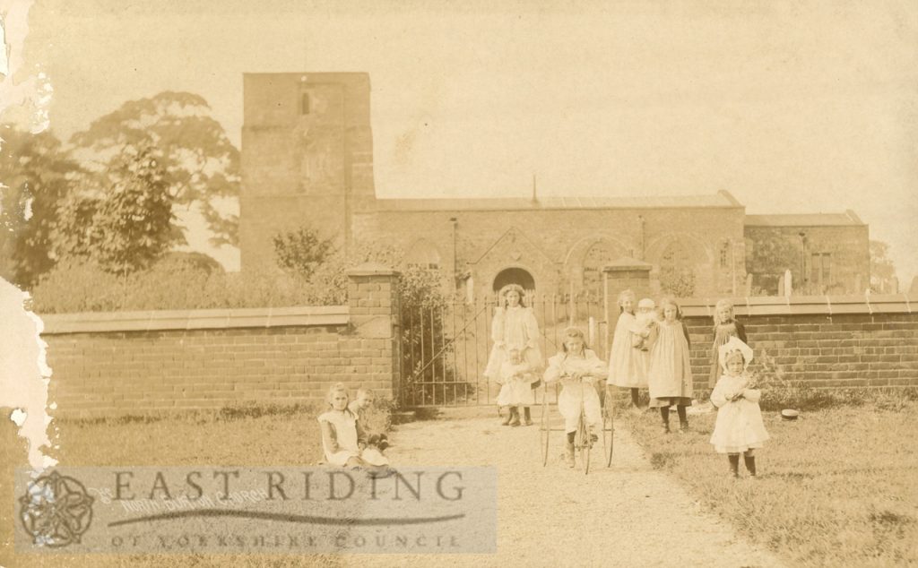 St Cuthbert’s Church with children, Burton Fleming 1900s