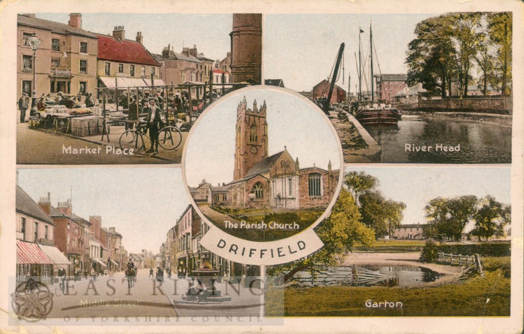 Driffield – 5 small views (Market Place, River Head, Middle Street, Garton, All Saints Church)