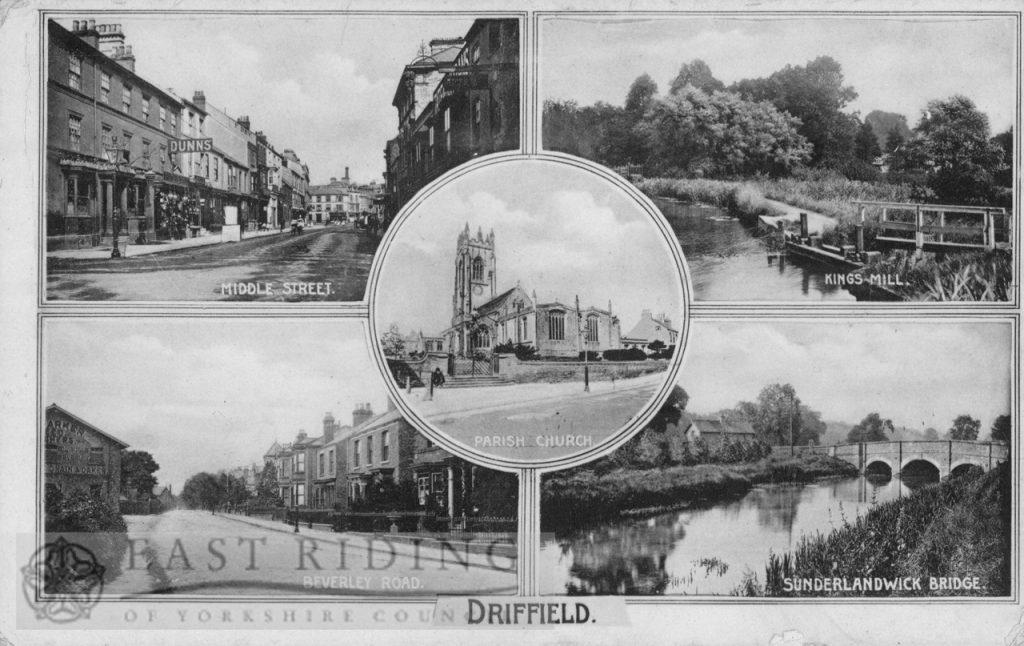 Driffield – 5 small views (Middle Street, Kings Mill, All Saints Church, Beverley Road, Sunderlandwick Bridge)