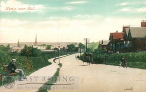 village from west, Ferriby Road in foreground, Hessle 1900s, tinted