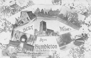 6 small views – St Peter’s Church from south west, school, Humbleton Manor, vicarage, St Peter’s Church interior from west, village street from south, Humbleton 1909