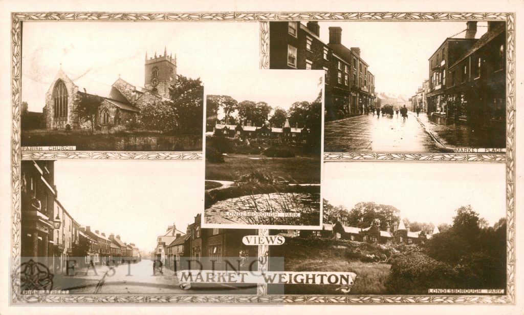 5 small views – All Saints Church from north east, Londesborough Park, Market Place from north west, High Street from north west, Londesborough Park, Market Weighton 1914