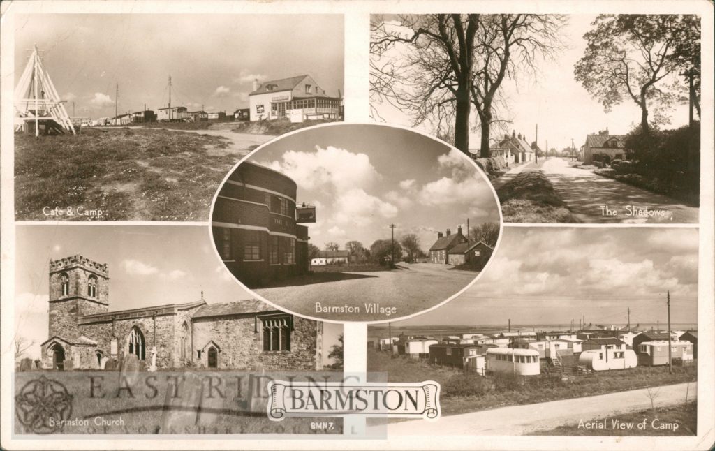 5 small views of Barmston – cafe and campsite, village, The Shadows, All Saints Church, aerial view of campsite 1940s