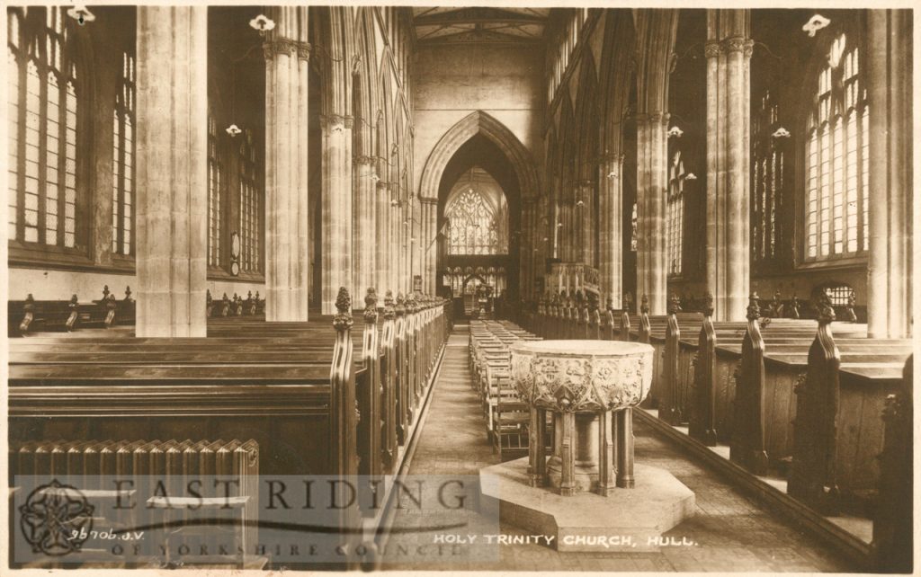 Holy Trinity Church, interior from west showing font and aisle, Hull c.1900s