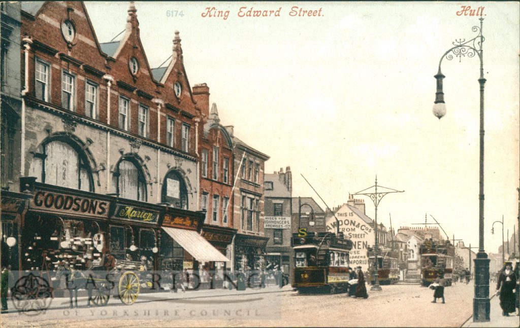 King Edward Street from south east, with trams, Hull 1903