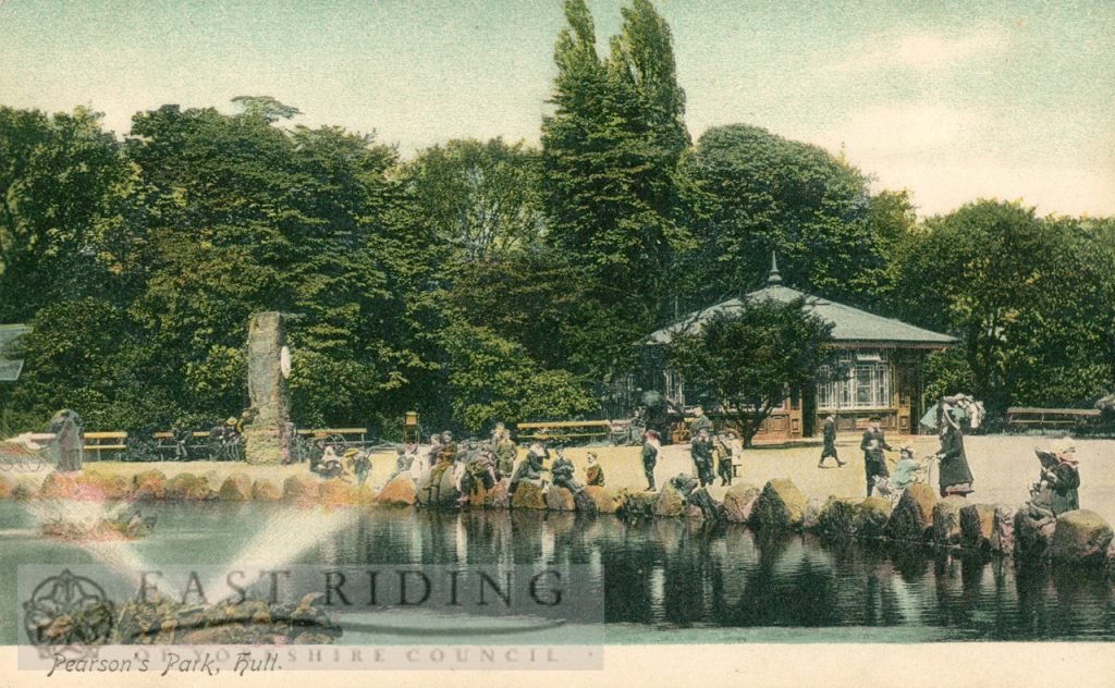 Pearson Park, lake and shelter, Hull 1900s